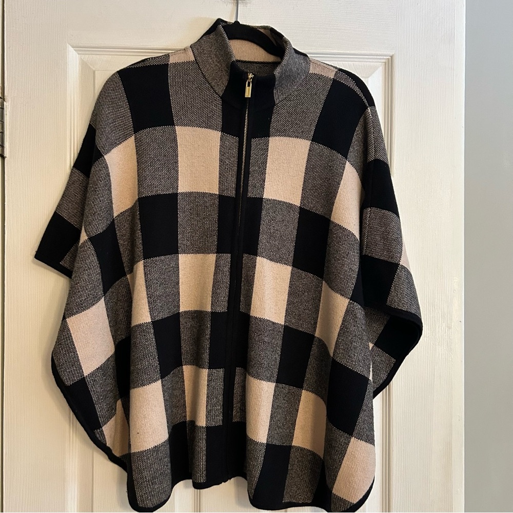 Jones New York cream black check poncho cotton wool blend with zipper size S/M